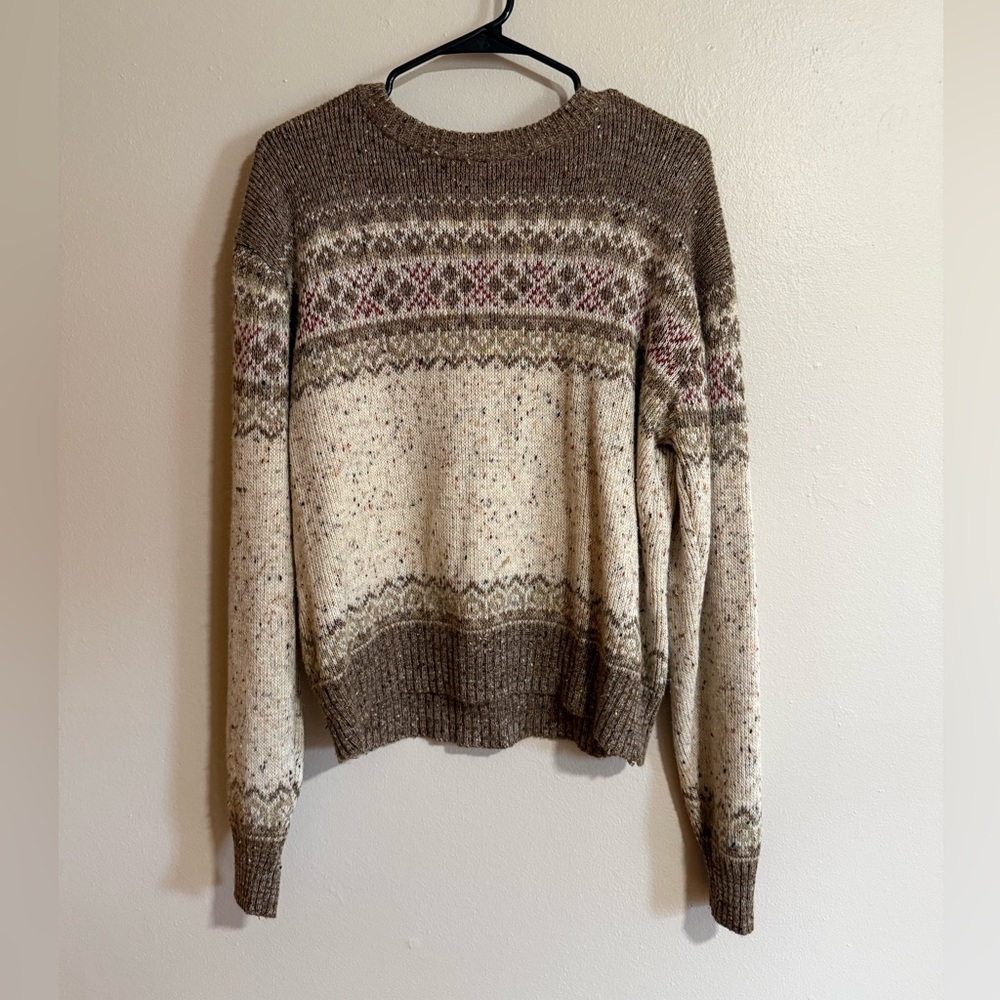 Women’s Brown and Cream Jacquard Knit Acrylic and Wool Sweater Size Large